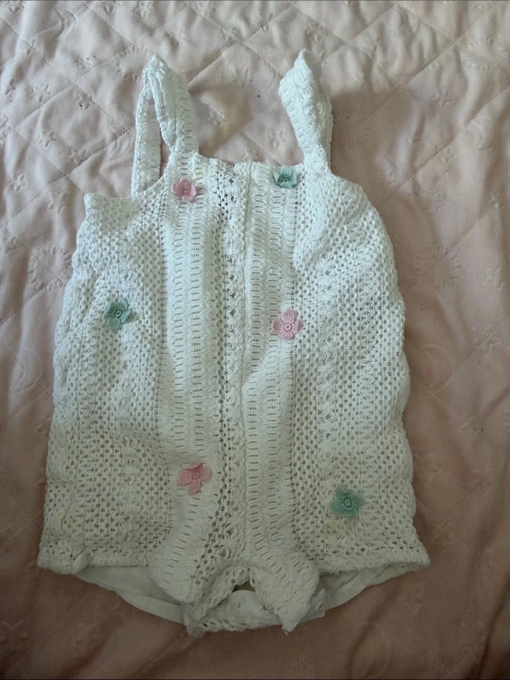 White Crochet Floral Romper with Mint Tee 9-12months